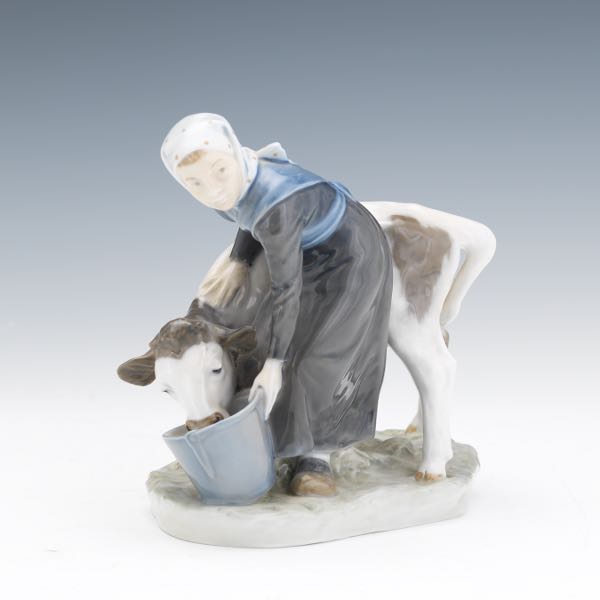 Appraisal: ROYAL COPENHAGEN GIRL WITH CALF FIGURINE x x Royal Copenhagen