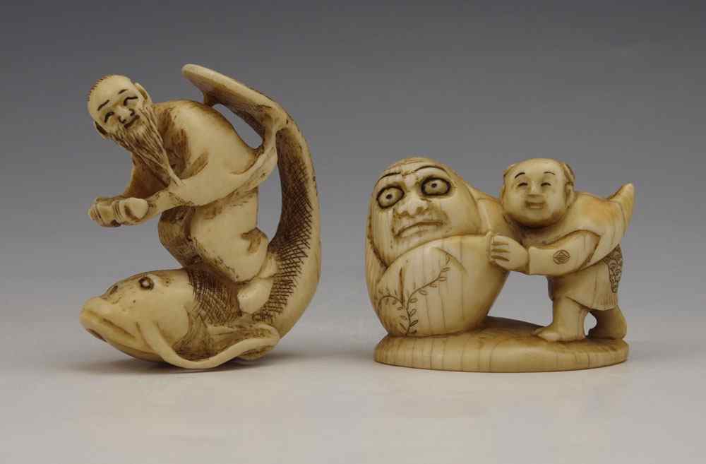 Appraisal: PIECE CARVED IVORY MAN ON FISH FIGURES NETSUKE To include