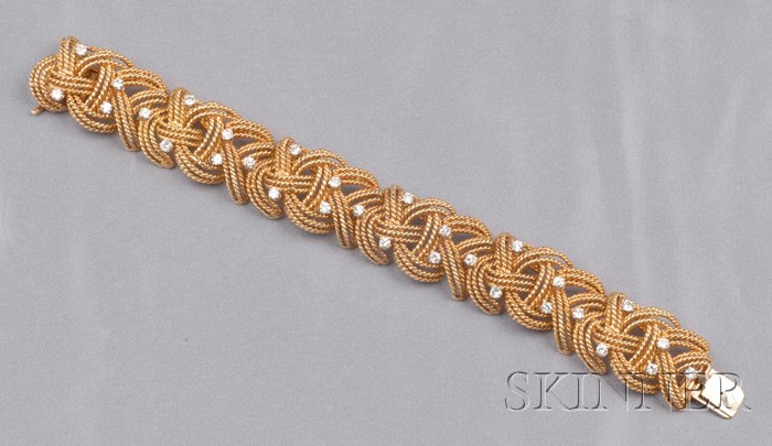 Appraisal: kt Gold and Diamond Bracelet the ropetwist strap with full-cut