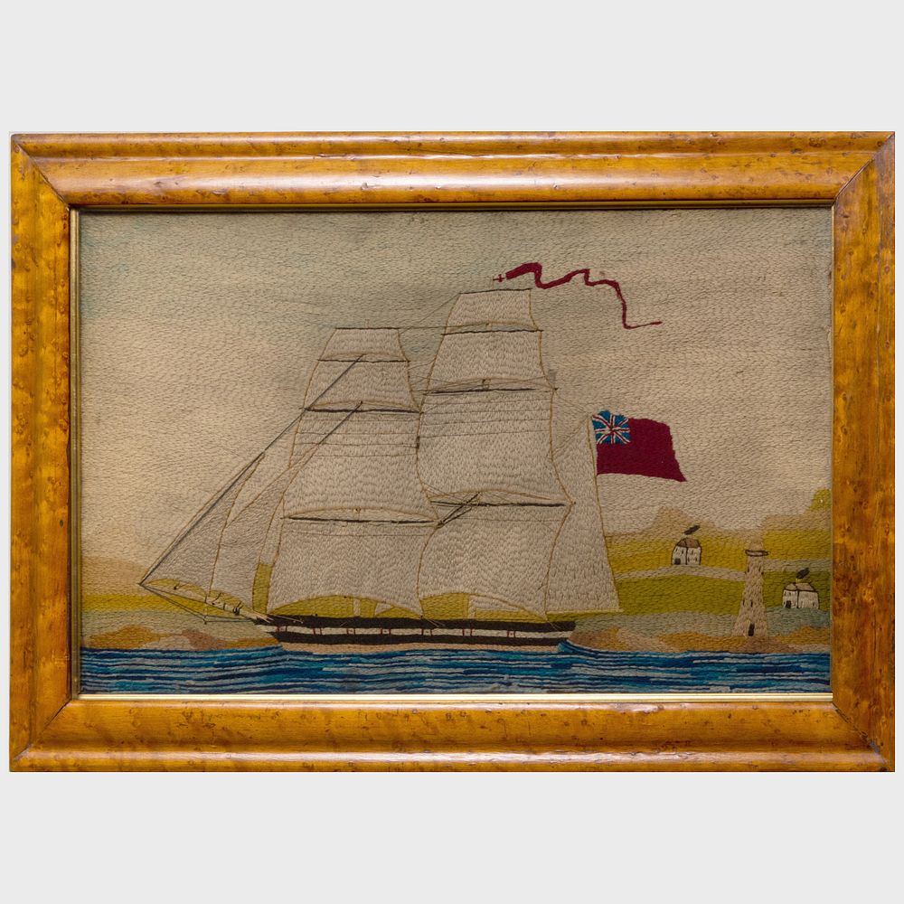 Appraisal: English Woolwork Picture of a Schooner with a Lighthouse x