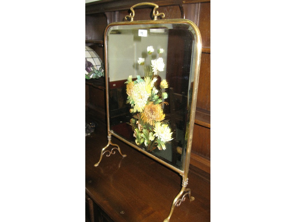 Appraisal: Brass and painted glass firescreen