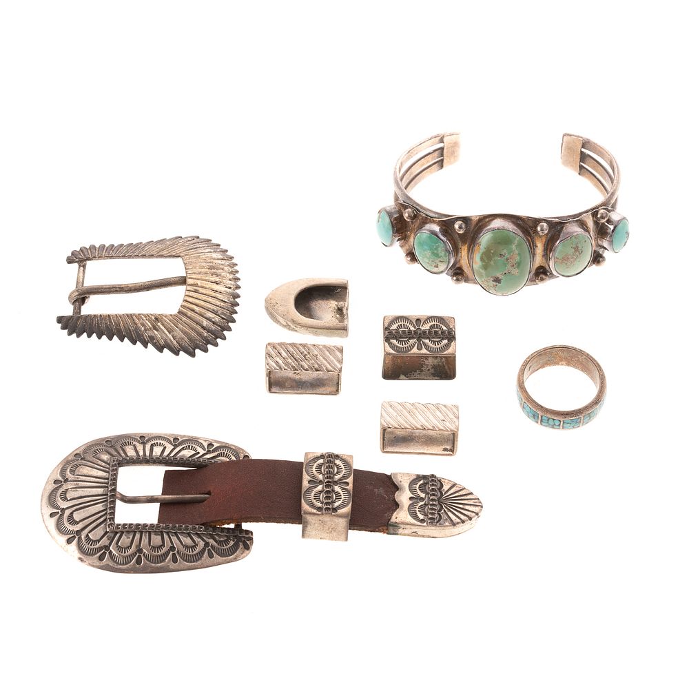 Appraisal: A Collection of Sterling Native American Jewelry including cuff bracelet