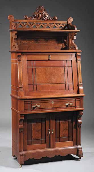 Appraisal: An American Victorian Walnut and Burled Drop-Front Desk in the