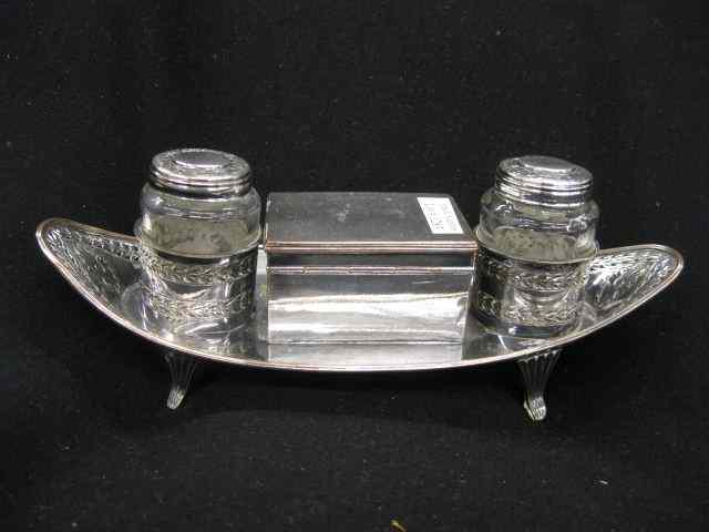 Appraisal: Sheffield Silverplate Inkstand th century gondola form footed double wall