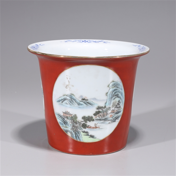 Appraisal: Chinese enameled porcelain planter with landscape scene and blue foliate