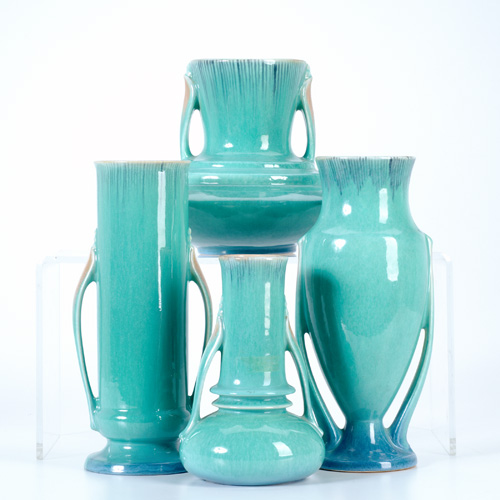 Appraisal: ROSEVILLE Four Orian vases in turquoise and beige mottled glaze