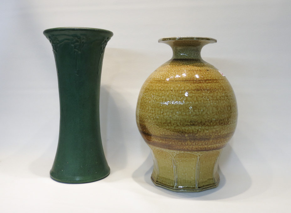 Appraisal: TWO STUDIO ART POTTERY VASES the green matte glazed vase