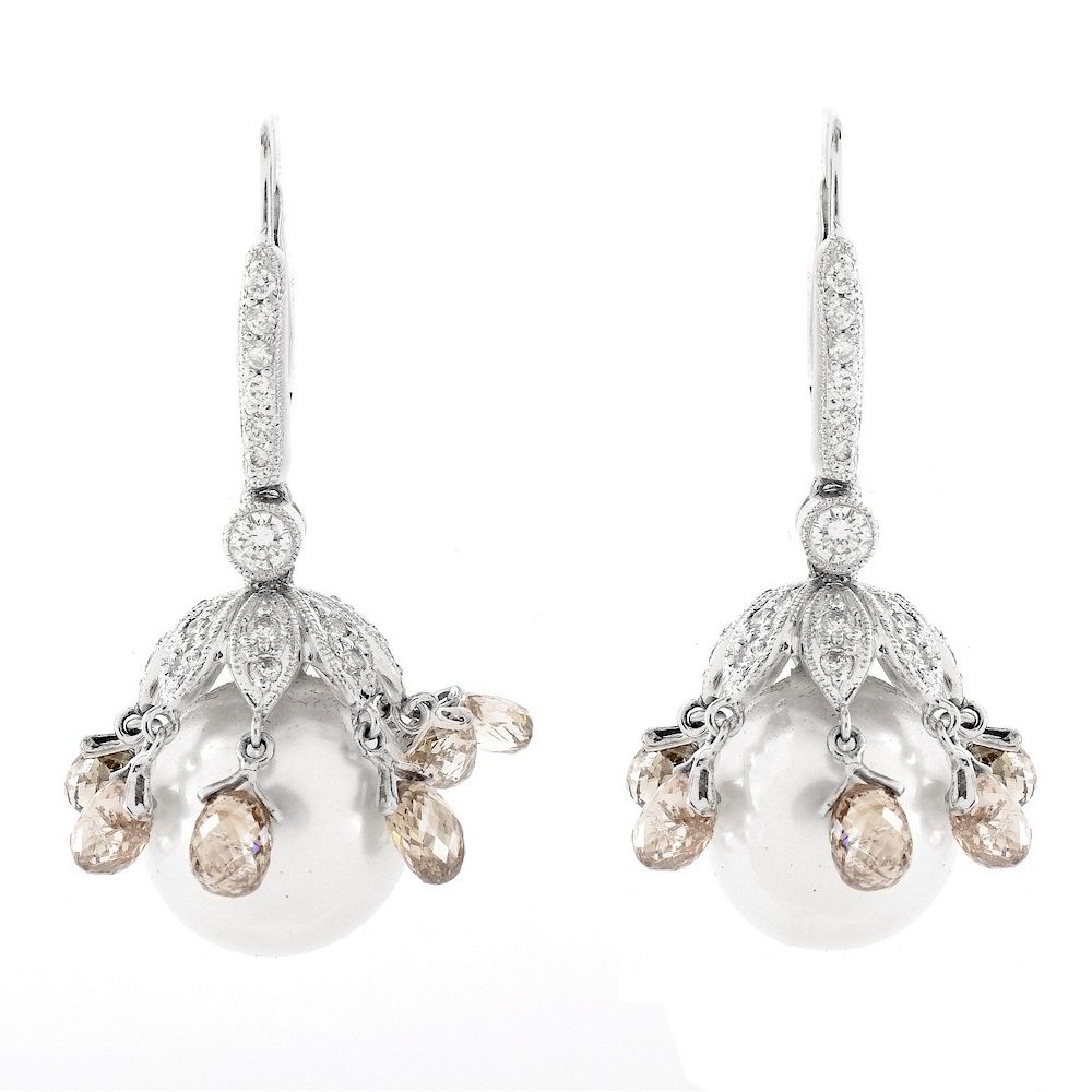 Appraisal: Diamond Pearl and K Earrings mm South Sea Pearl Approx