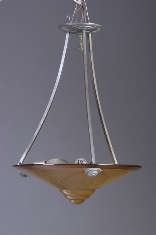 Appraisal: FRENCH ART DECO THREE-LIGHT CHANDELIER circa White-metal canape suspending three