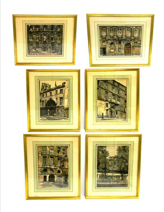 Appraisal: Six watercolor studies of historical Parisian hotels circa indistinctly signed