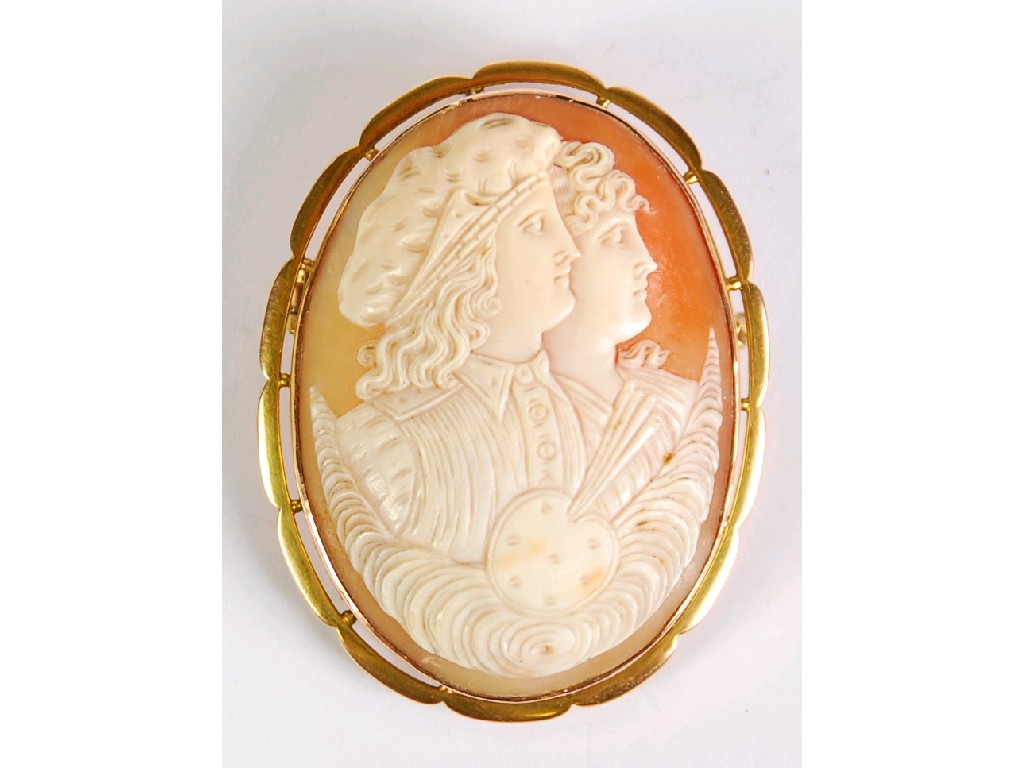 Appraisal: LARGE WELL CARVED OVAL SHELL CAMEO BROOCH depicting bust portraits