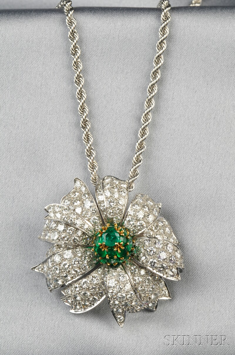 Appraisal: Platinum Emerald and Diamond Pendant Brooch designed as a flower