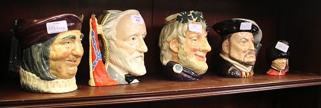 Appraisal: A GROUP OF FIVE ROYAL DOULTON CHARACTER JUGS to include