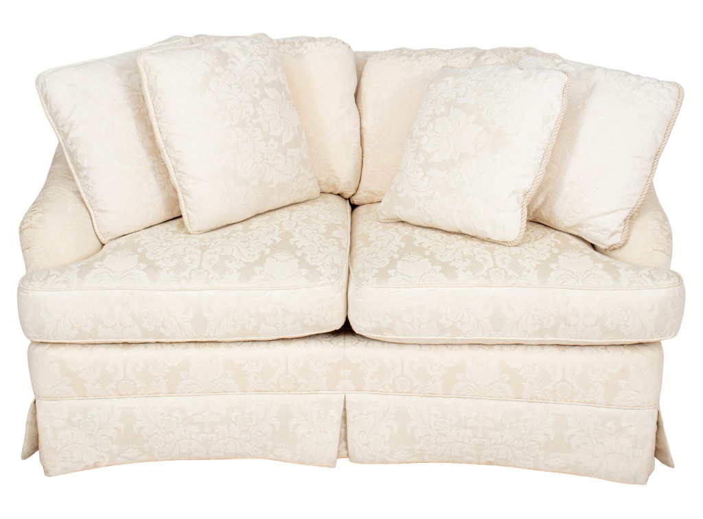 Appraisal: CREAM BROCADE UPHOLSTERED LOVE SEAT S Cream brocade upholstered love