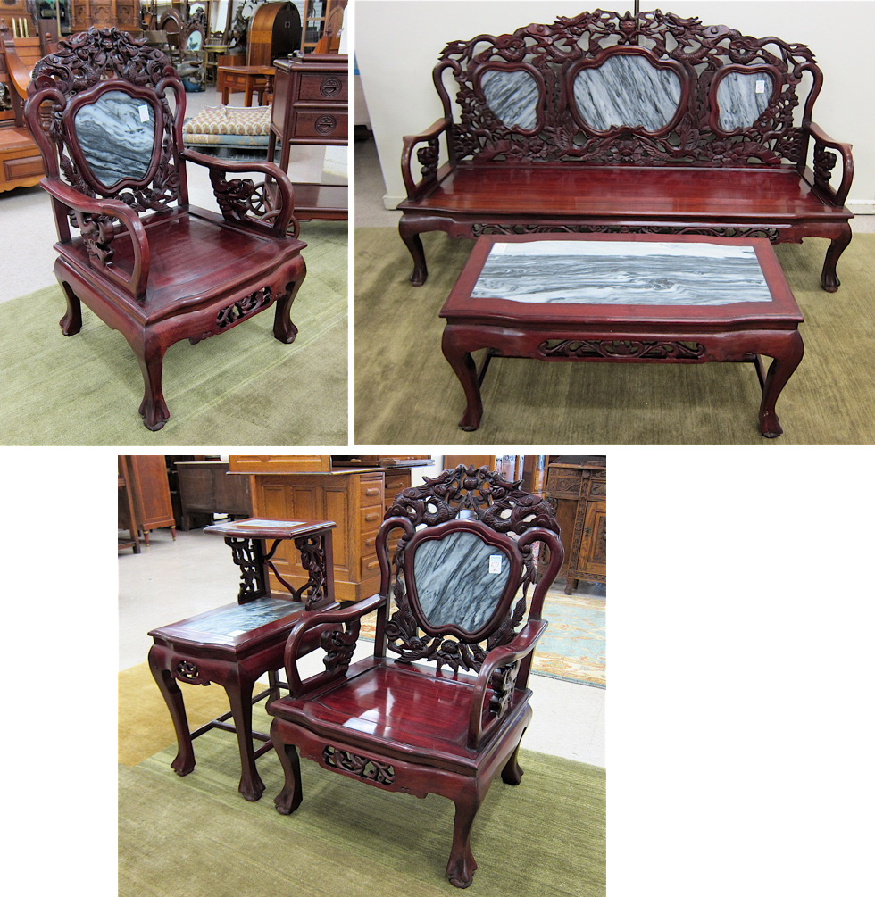 Appraisal: FIVE-PIECE CARVED ROSEWOOD SEATING FURNITURE SET Chinese th century comprising