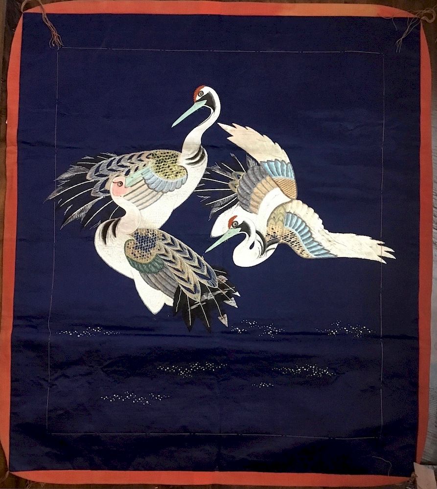 Appraisal: Fukusa Embroidered Cranes Japan th Century This superbly embroidered piece