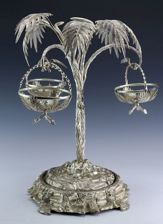 Appraisal: Antique English Silver Plated Palm Tree Epergne Crafted of fine