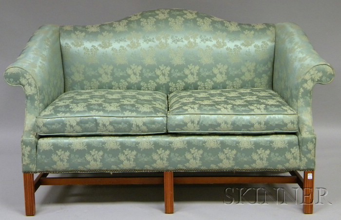 Appraisal: Western Carolina Furniture Co Chippendale-style Damask-upholstered Camel-back Maple Settee lg