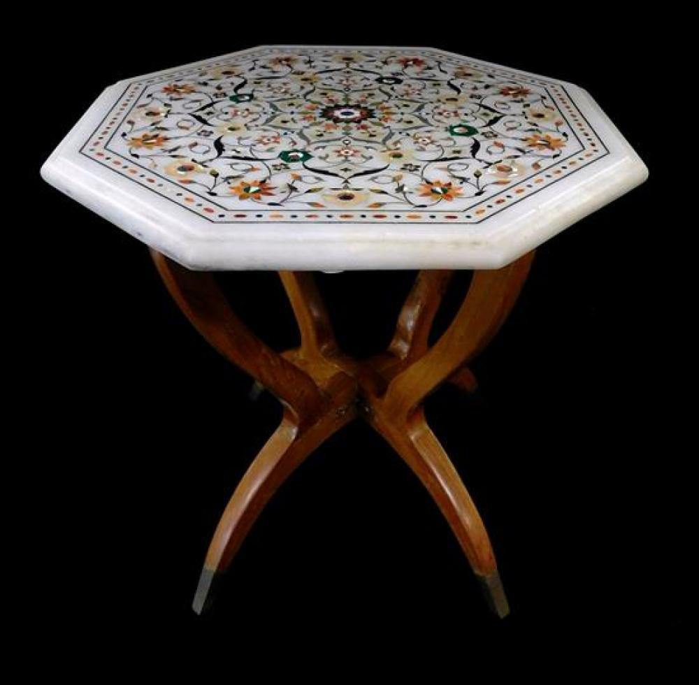 Appraisal: th C side table with inlaid stone top collapsible wooden