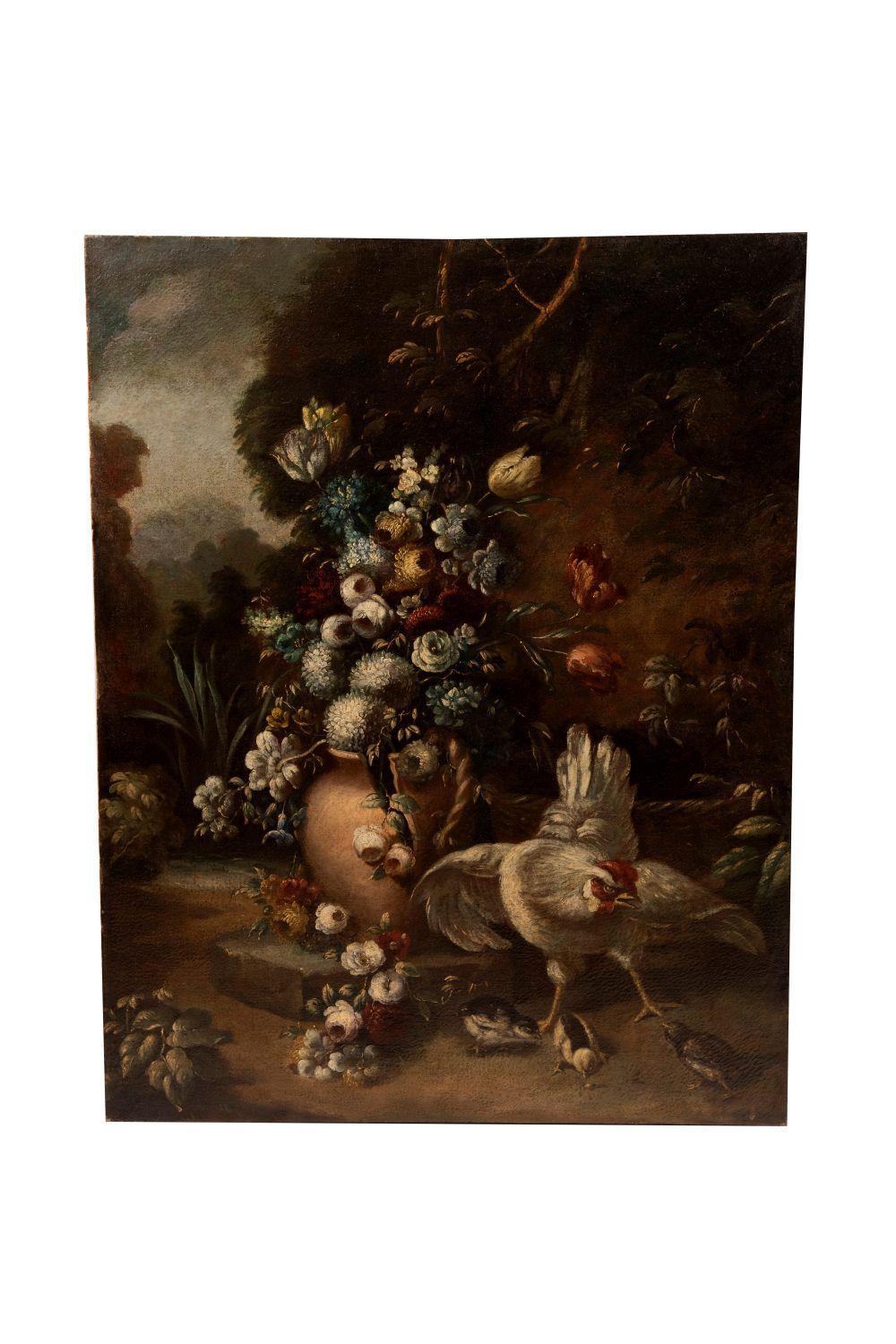 Appraisal: DUTCH SCHOOL STILL LIFE WITH ROOSTER CHICKS th Century oil