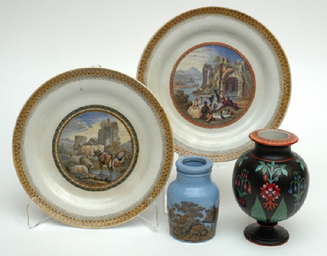 Appraisal: A COLLECTION OF PRATTWARE OBJECTS Comprising a pair of cabinet