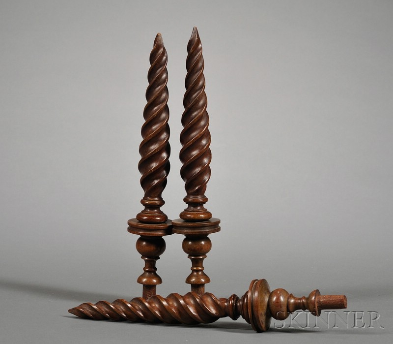 Appraisal: Three Turned Mahogany Flame-Carved Finials America late th century overall