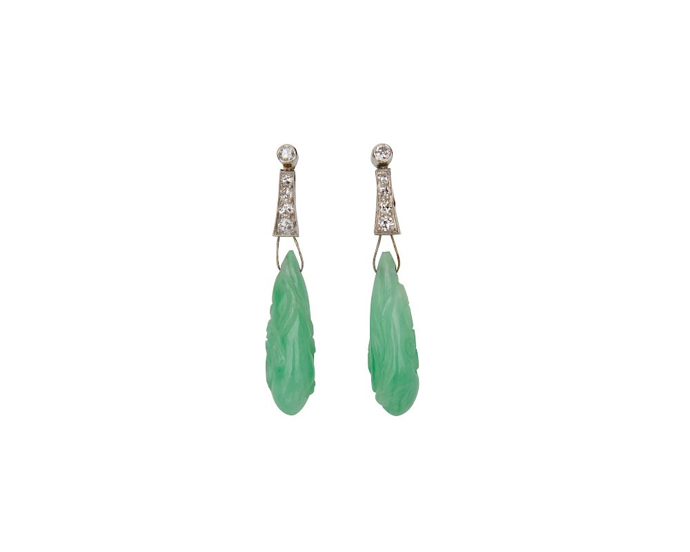 Appraisal: Platinum Carved Jadeite and Diamond Pendant Earrings Platinum Carved Jadeite