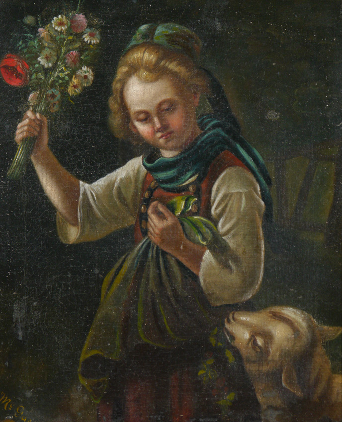 Appraisal: LATE TH CENTURY PAINTING OF A YOUNG GIRL SHEEP Oil