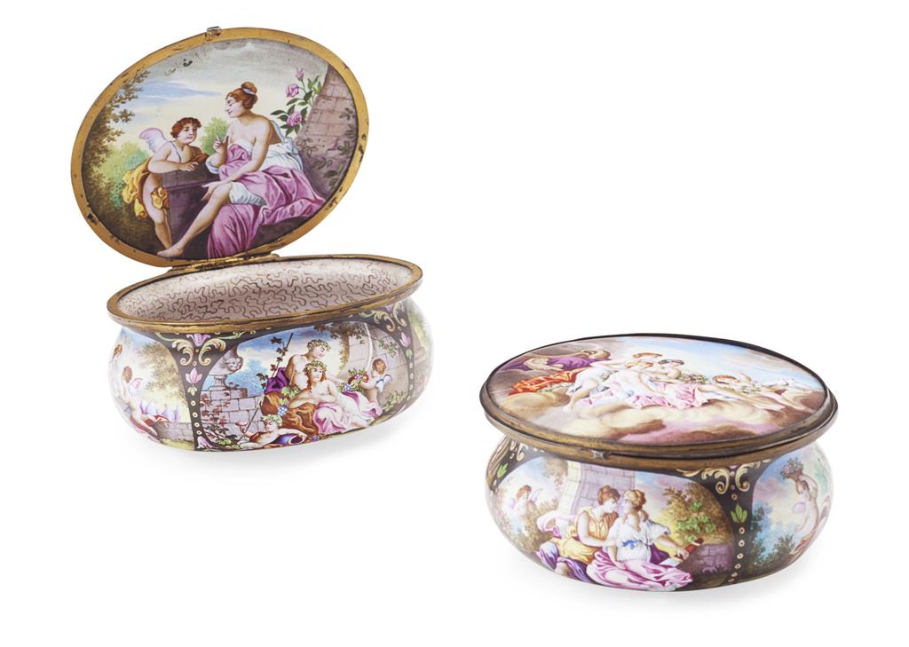 Appraisal: TWO VIENNESE ENAMEL BOXES TH CENTURY decorated with reserves depicting