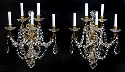 Appraisal: SET OF FOUR LOUIS XVI-STYLE CUT-GLASS MOUNTED GILT-METAL FIVE-LIGHT WALL