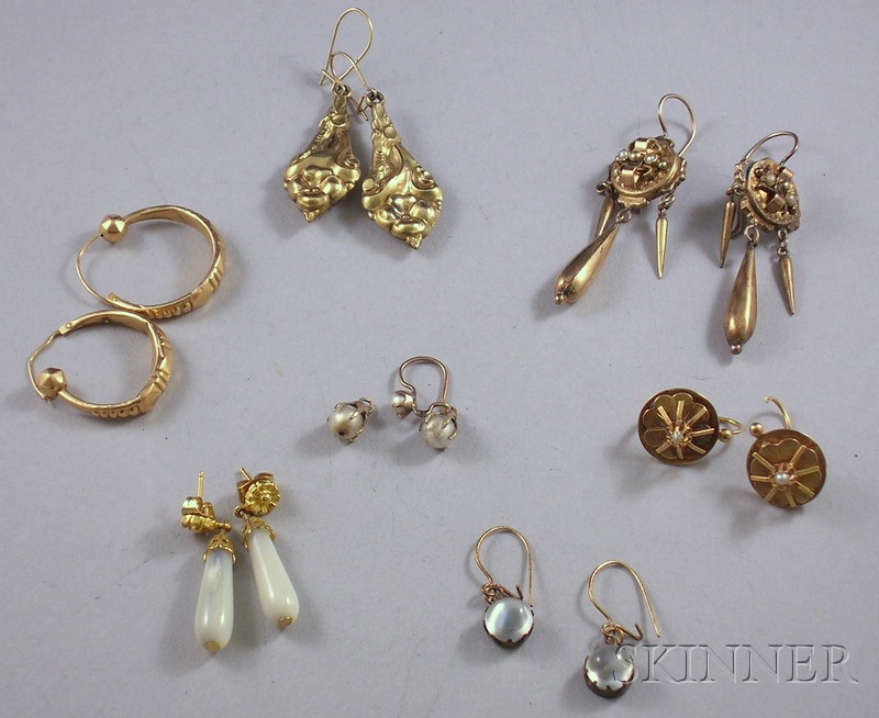 Appraisal: Seven Pairs of Gold and Gemstone Earrings one broken damages