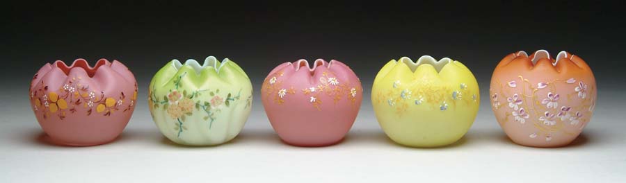 Appraisal: FIVE SATIN GLASS ROSE BOWLS All are decorated with floral