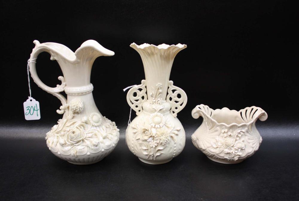 Appraisal: THREE BELLEEK BLACK MARK PARIAN PORCELAIN VESSELS comprised of Aberdeen