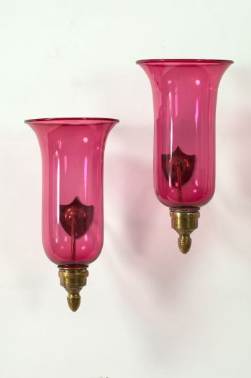 Appraisal: Pair of Anglo-American Cranberry Glass Hurricane Sconces first quarter th