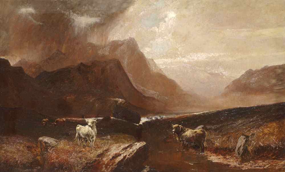 Appraisal: LARGE OIL CANVAS HIGHLAND LANDSCAPE WITH CATTLE Possibly Sidney Richard