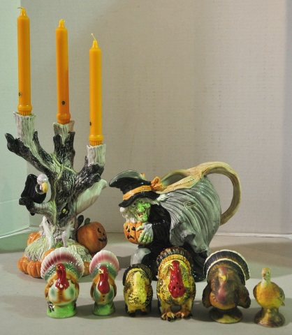 Appraisal: Bx Ceramic Halloween Thanksgiving DecorationsIncluding a hand-painted candelabra H and