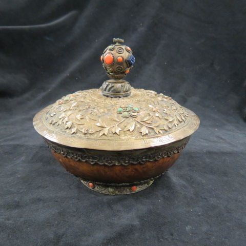 Appraisal: Chinese Silver Wooden Covered Bowl Jeweled with turquoise coral lapis