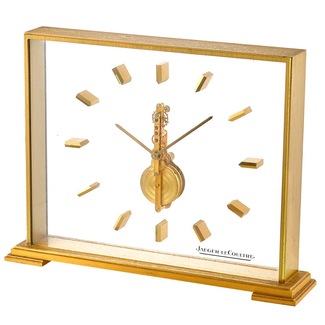 Appraisal: Brass and Plexiglass 'Inline-Bridge' Desk Clock Jaeger-LeCoultre Inline gilt bridge