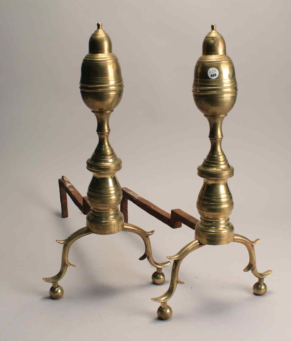 Appraisal: PAIR OF ANTIQUE AMERICAN FEDERAL BRASS ANDIRONSNew England Circa Modified