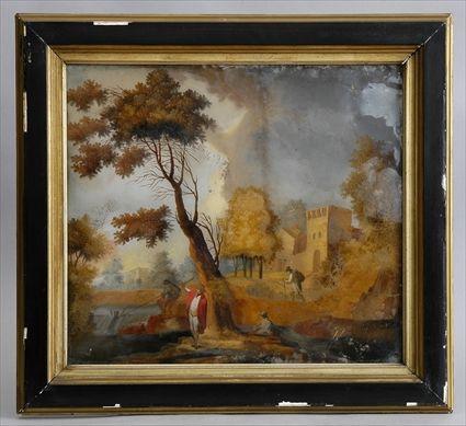 Appraisal: CONTINENTAL SCHOOL TH C LANDSCAPE WITH FIGURES Reverse painting on