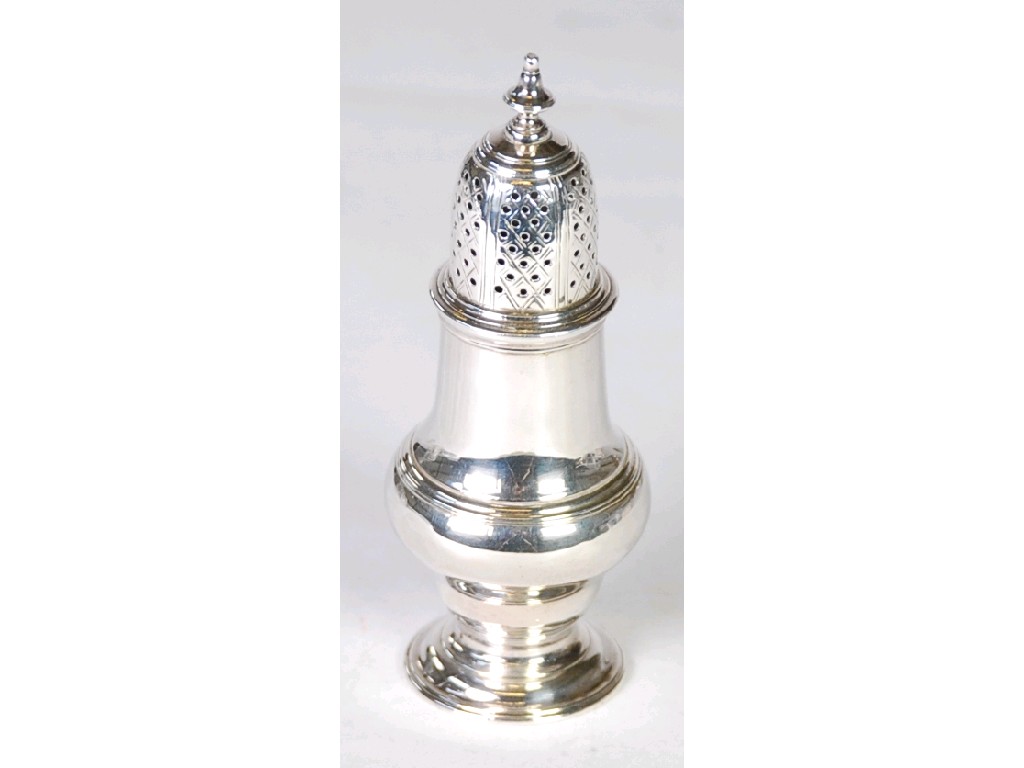 Appraisal: LATE GEORGE II SILVER SUGAR CASTOR of plain baluster form