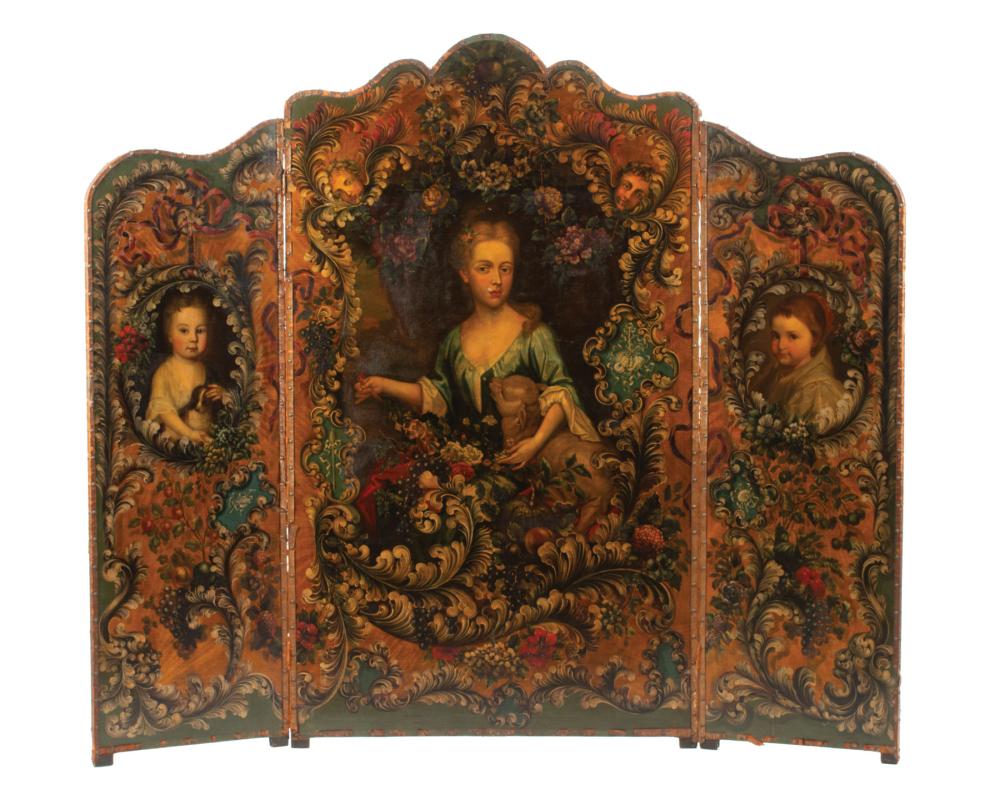 Appraisal: Antique Rococo Painted Leather Three-Panel Screen each panel with portraits