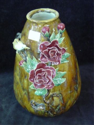 Appraisal: MAJOLICA VASE W FLOWERS BIRD