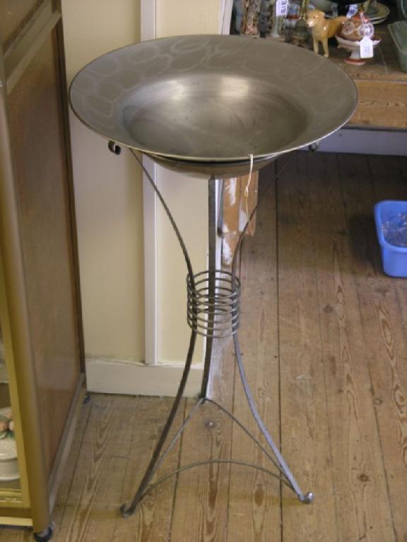 Appraisal: A metal dish on stand triangular form stand dish ft