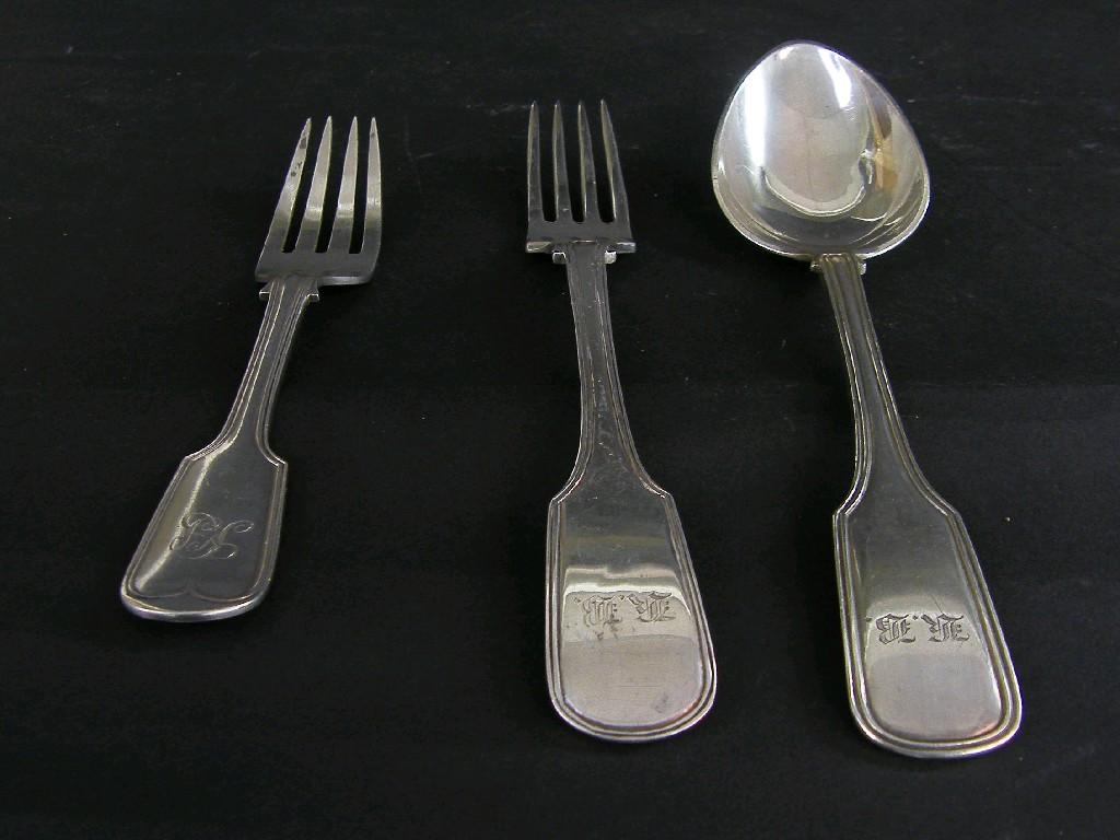 Appraisal: German white metal fiddle thread table fork and spoon by