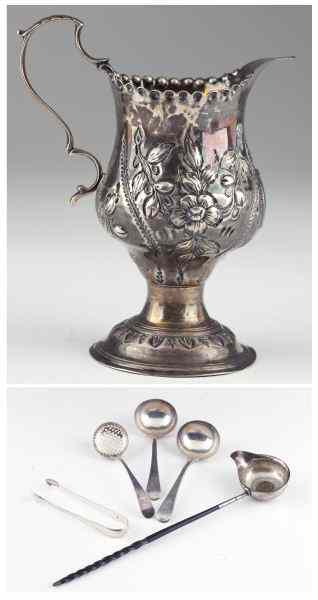 Appraisal: Seven Georgian Silver Table Articlesincluding a London cream jug with