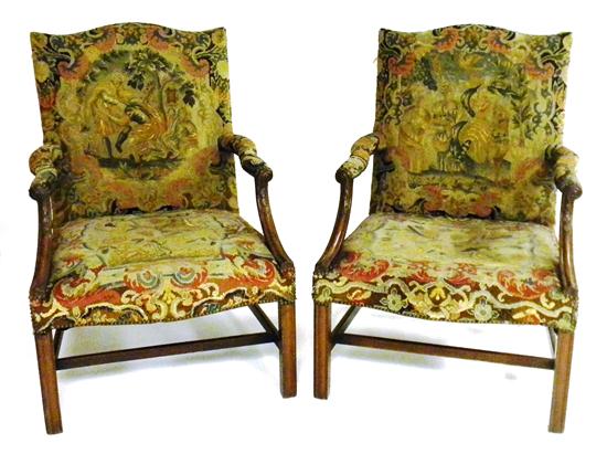 Appraisal: Pair of Chippendale arm chairs mahogany straight front legs carved