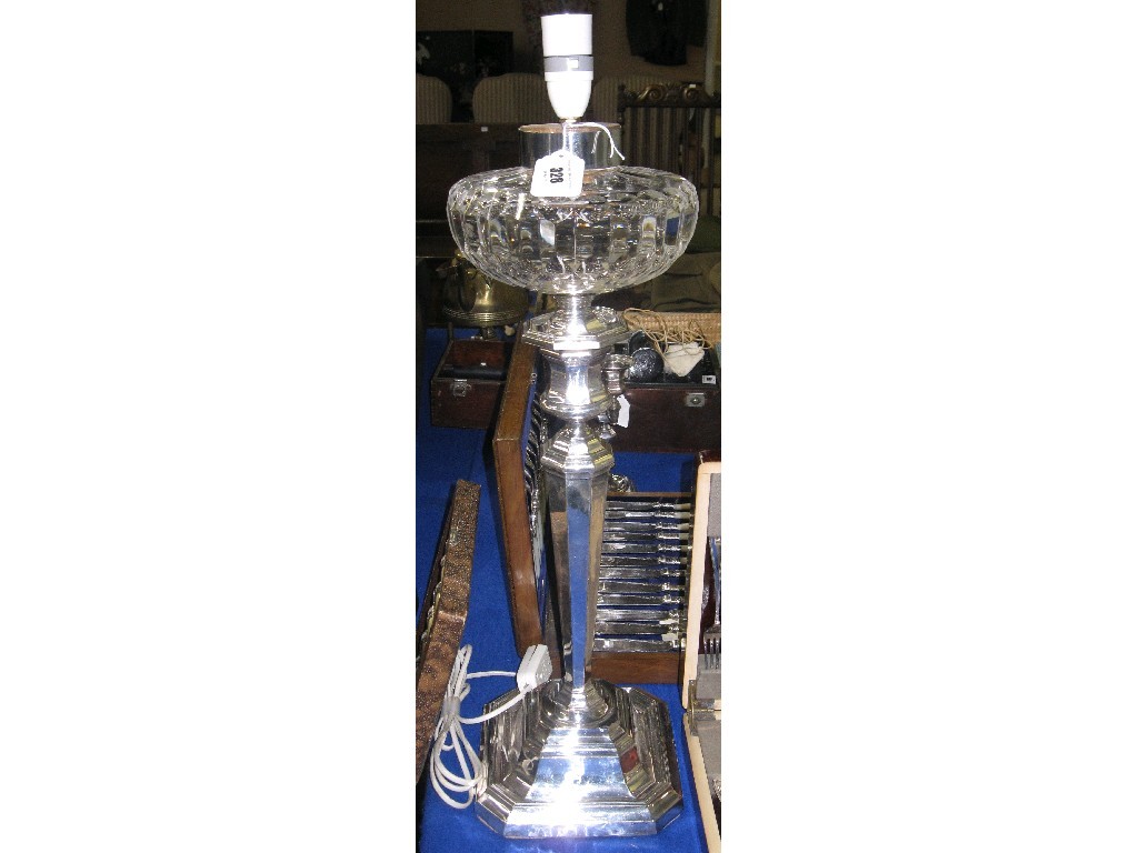 Appraisal: Silver plate and cut glass oil lamp converted