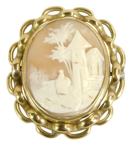 Appraisal: A late thC shell cameo brooch depicting maiden with outbuildings