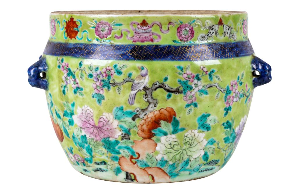 Appraisal: CHINESE GREEN-GLAZED CERAMIC POTunmarked Condition discoloration to interior Cracks to